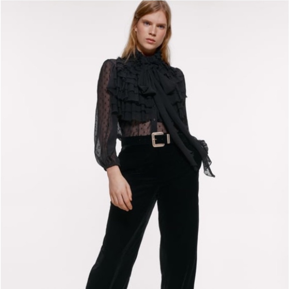 Zara black ruffle neck tie top